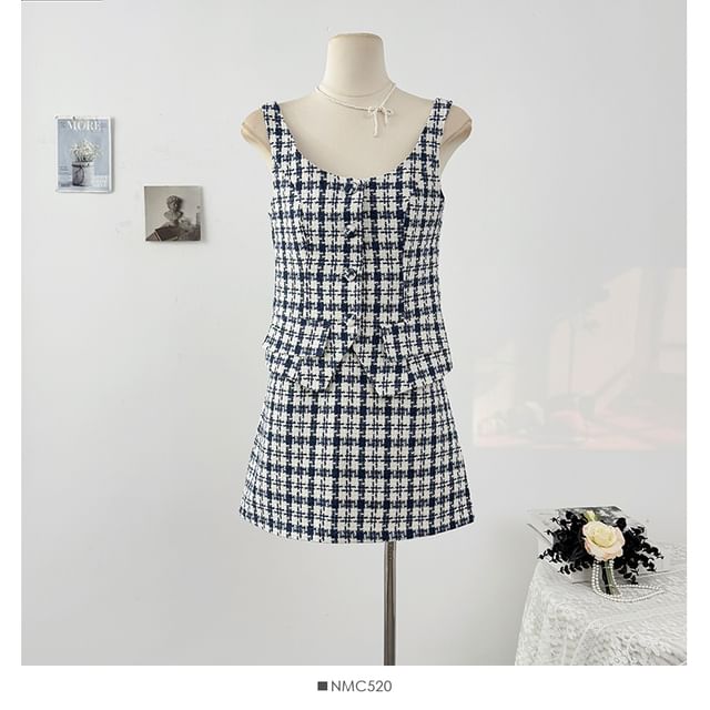 Plaid Button-Up Tweed Crop Top and High Waist Mini Skirt Set