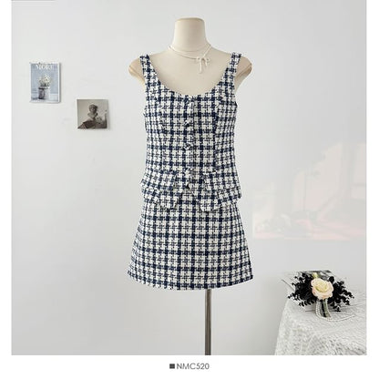 Plaid Button-Up Tweed Crop Top and High Waist Mini Skirt Set