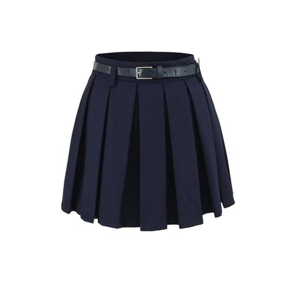 Pleated High Waist Solid Mini A-Line Skirt