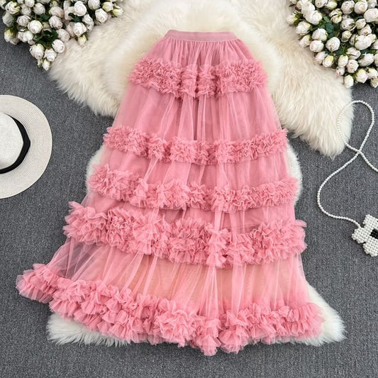 Elastic Waist Smooth Layered Mesh Midi Flared Skirt