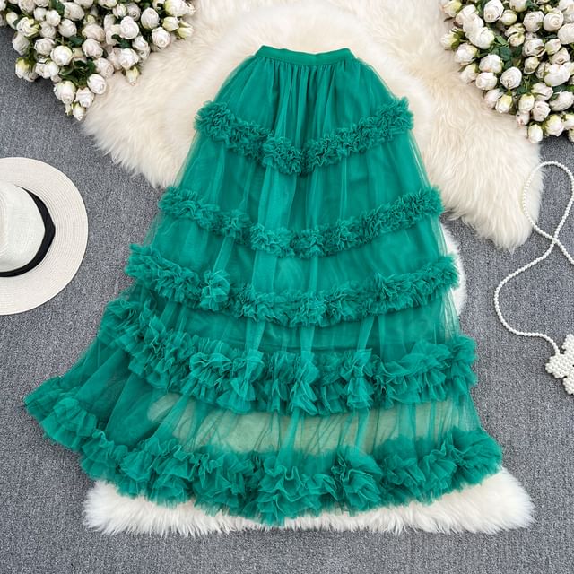 Elastic Waist Smooth Layered Mesh Midi Flared Skirt
