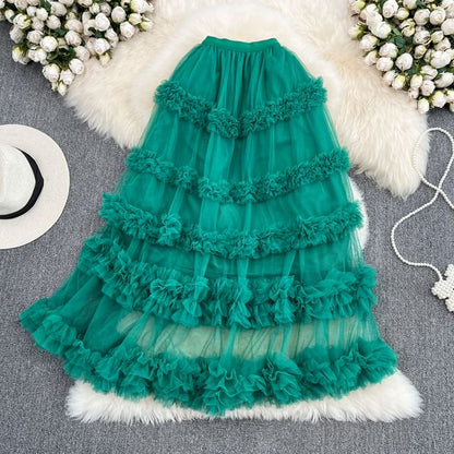 Elastic Waist Smooth Layered Mesh Midi Flared Skirt