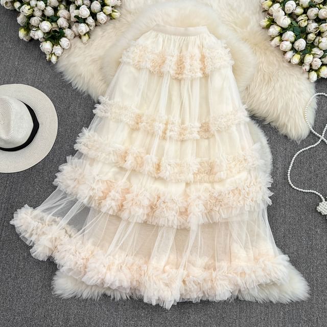 Elastic Waist Smooth Layered Mesh Midi Flared Skirt