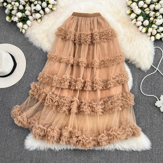 Elastic Waist Smooth Layered Mesh Midi Flared Skirt
