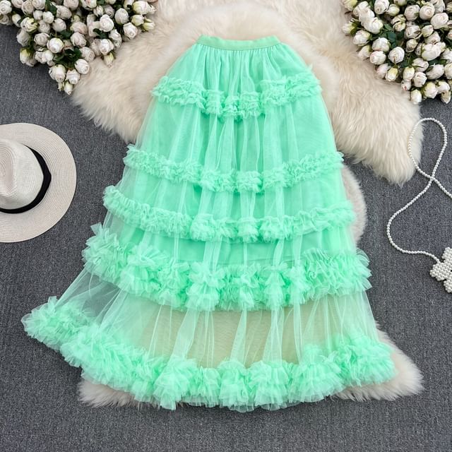 Elastic Waist Smooth Layered Mesh Midi Flared Skirt