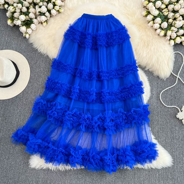 Elastic Waist Smooth Layered Mesh Midi Flared Skirt