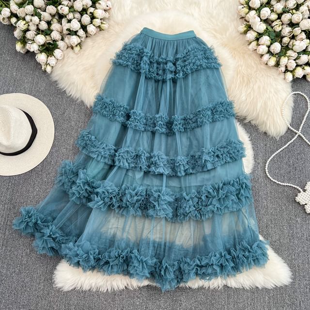 Elastic Waist Smooth Layered Mesh Midi Flared Skirt