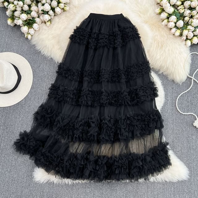 Elastic Waist Smooth Layered Mesh Midi Flared Skirt