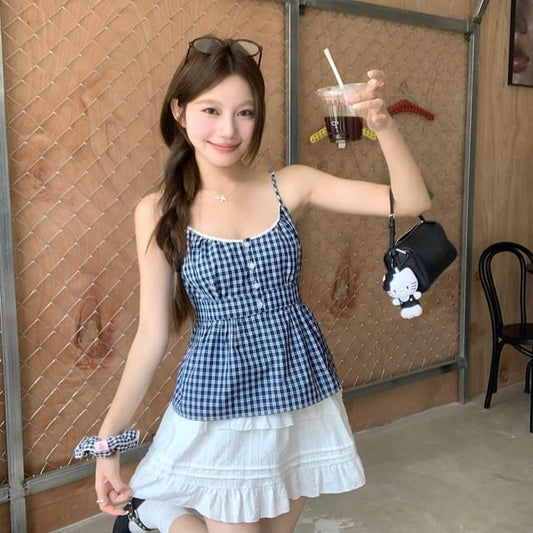 Plaid Button Camisole with Ruffled Elastic Waist Mini Skirt