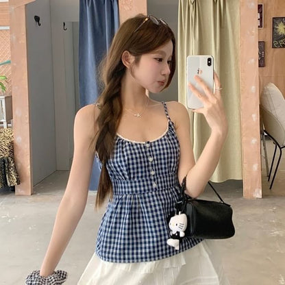 Plaid Button Camisole with Ruffled Elastic Waist Mini Skirt