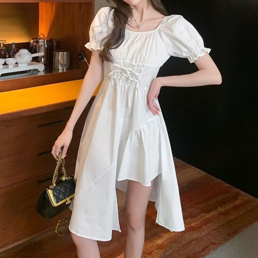 Short-Sleeve Dress A-Line Asymmetrical Square Plain Neck