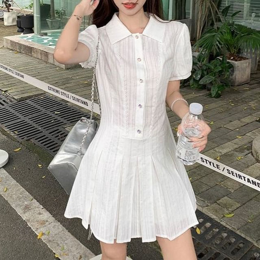 Pleated Shirt Mini Plain Short-Sleeve Dress