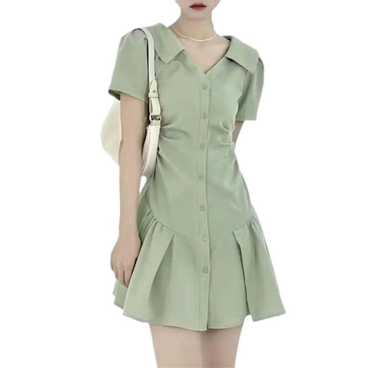 A-Line Plain V-Neck Button-Up Short-Sleeve Mini Dress