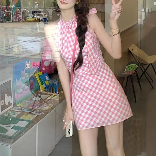 Sleeveless Mini A-Line Dress Plaid