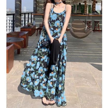 Spaghetti Strap Maxi Dress Floral Scoop Neck A-Line Print