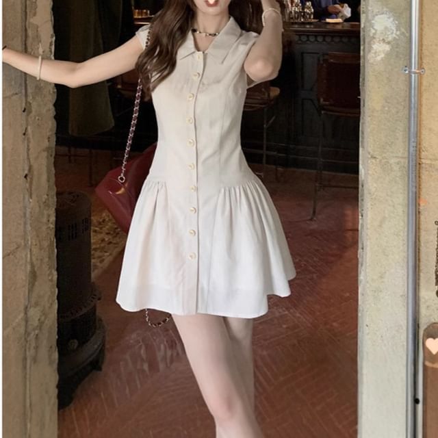 Short-Sleeve Shirt Plain A-Line Dress Mini
