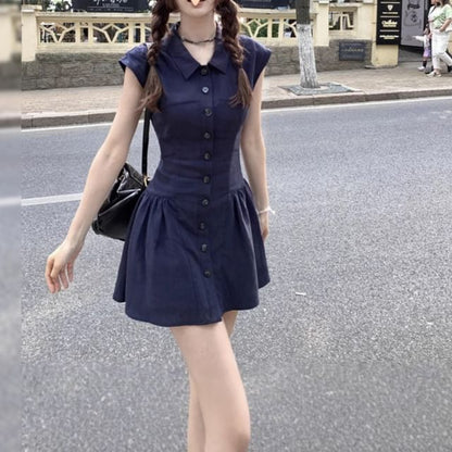 Short-Sleeve Shirt Plain A-Line Dress Mini