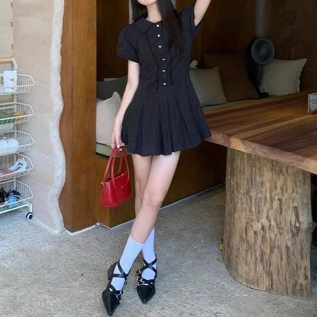 Pleated Shirt Mini Plain Short-Sleeve Dress