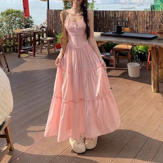 A-Line Maxi Neck Plain Strap Dress Spaghetti Scoop