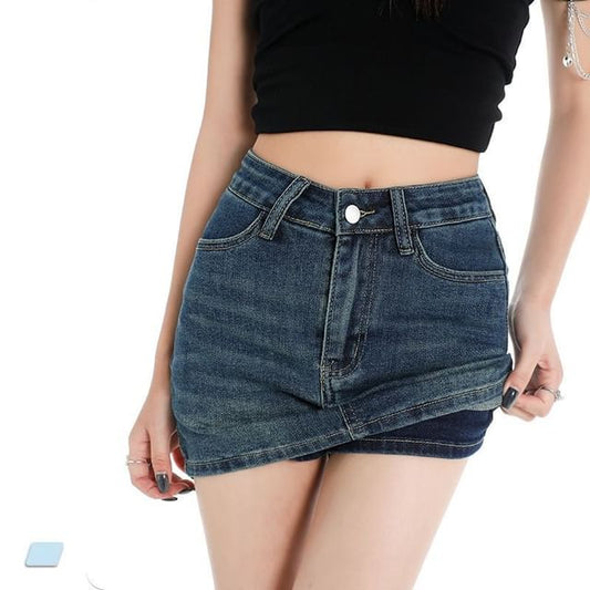 Washed Denim Mid Rise Pencil Mini Skirt