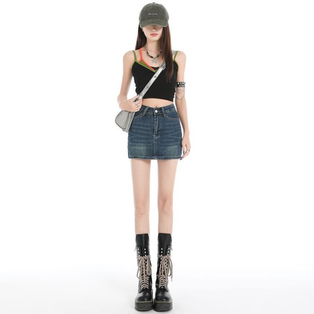 Washed Denim Mid Rise Pencil Mini Skirt