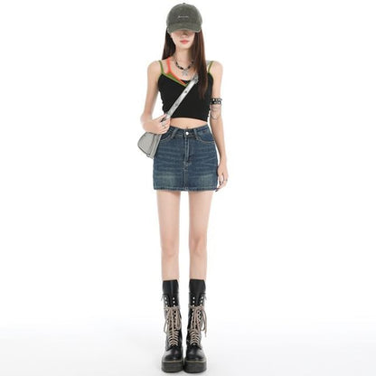 Washed Denim Mid Rise Pencil Mini Skirt