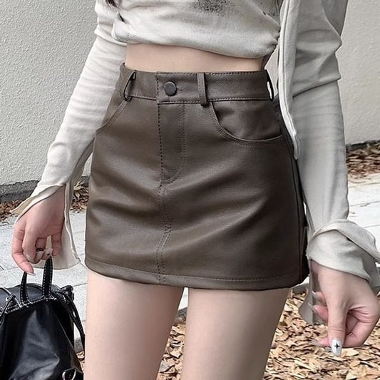 Faux Leather High Rise Pencil Mini Skirt in Solid Hue