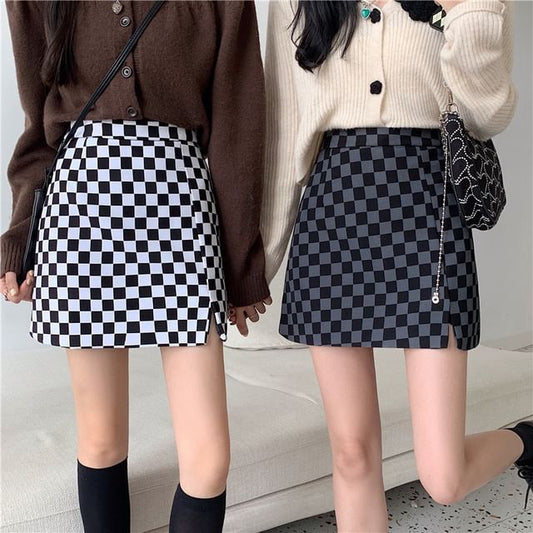 Checkered High Waist Slit Mini A-Line Skirt