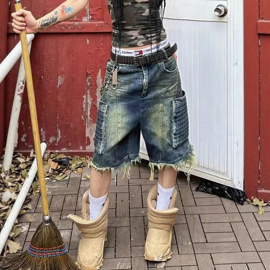 Low Waist Washed Distressed Wide Leg Jorts