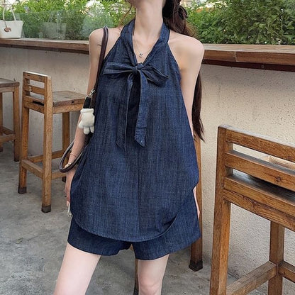 Sleeveless Tie Neck Washed Denim Top / High Waist Denim Shorts