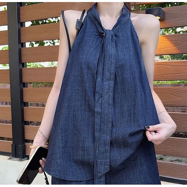 Sleeveless Tie Neck Washed Denim Top / High Waist Denim Shorts