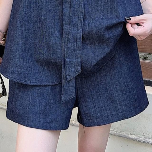 Sleeveless Tie Neck Washed Denim Top / High Waist Denim Shorts