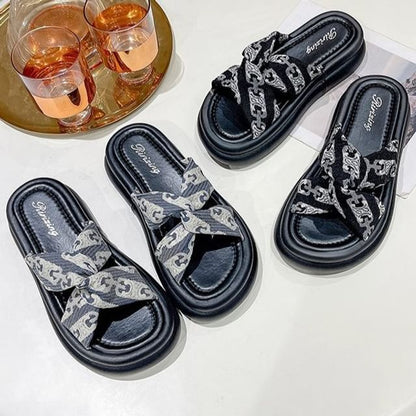 Knot Platform Criss Cross Print Sandals Slide