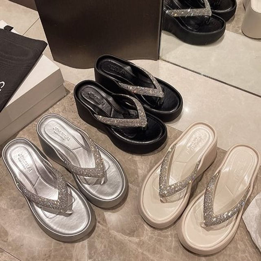 Heel Platform Flip-Flops Rhinestone Wedge