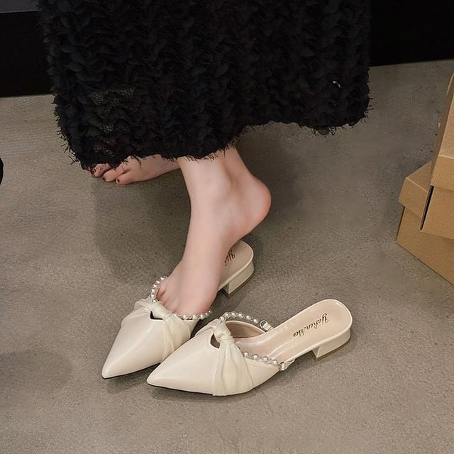 Chunky Faux Mules Toe Pointed Knot Heel Pearl