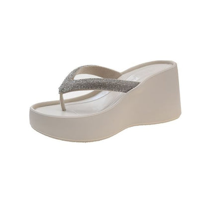 Heel Platform Flip-Flops Rhinestone Wedge