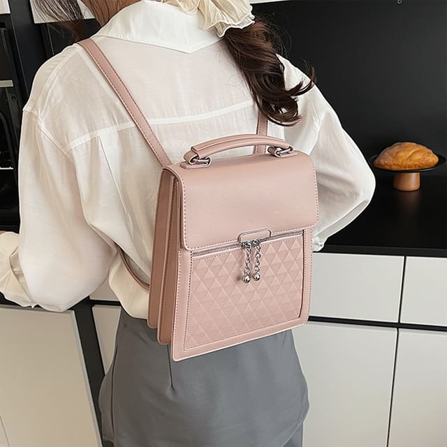 Leather Plain Backpack Faux Flap