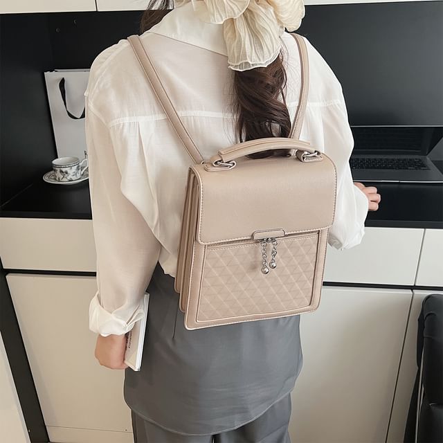 Leather Plain Backpack Faux Flap