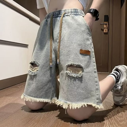 Drawstring Waist Distressed Denim Shorts