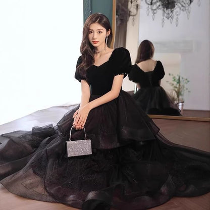 Plain Evening Mesh A-Line Gown Panel Short-Sleeve Tiered