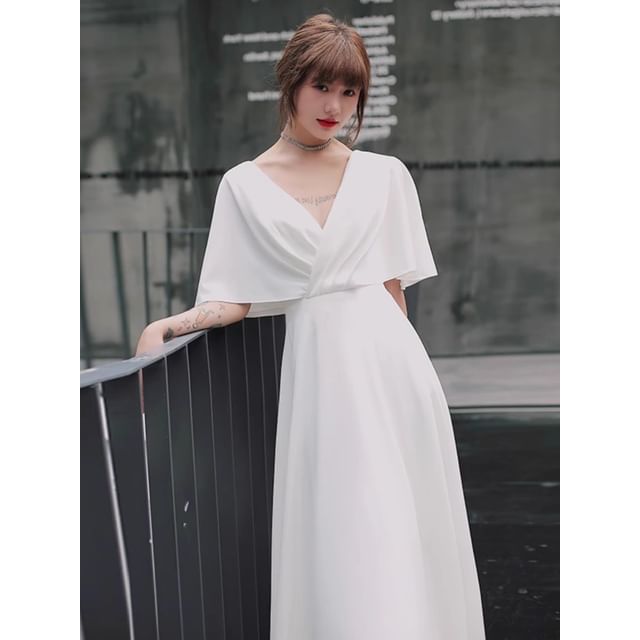Short-Sleeve V-Neck Plain Evening Dress (Various Designs)