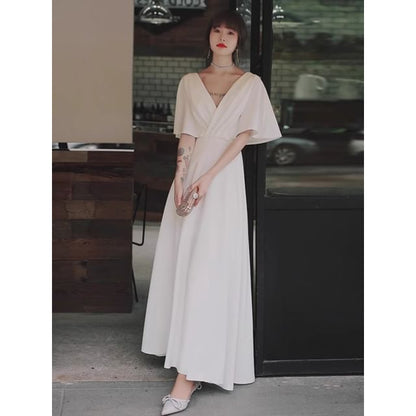 Short-Sleeve V-Neck Plain Evening Dress (Various Designs)