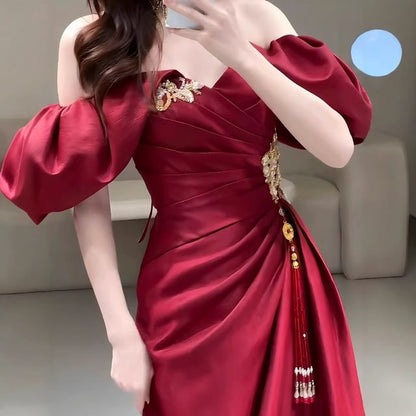 Puff-Sleeve Off-Shoulder Ruched Tassel A-Line Evening Gown