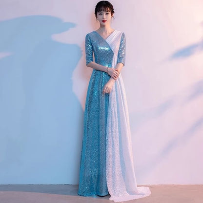 Elbow-Sleeve V-Neck Two Tone Sequin Slit A-Line Evening Gown