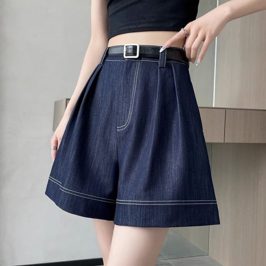 High Waist Contrast Stitched Wide Leg Denim Shorts