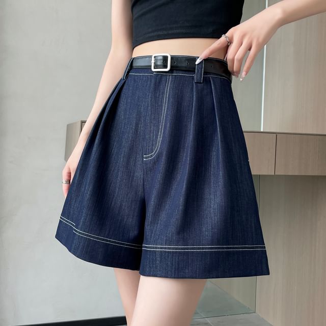 High Waist Contrast Stitched Wide Leg Denim Shorts