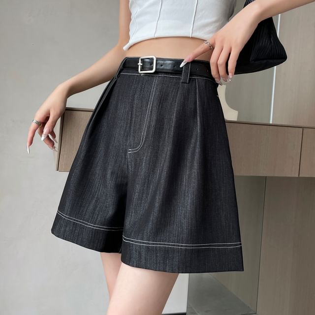 High Waist Contrast Stitched Wide Leg Denim Shorts