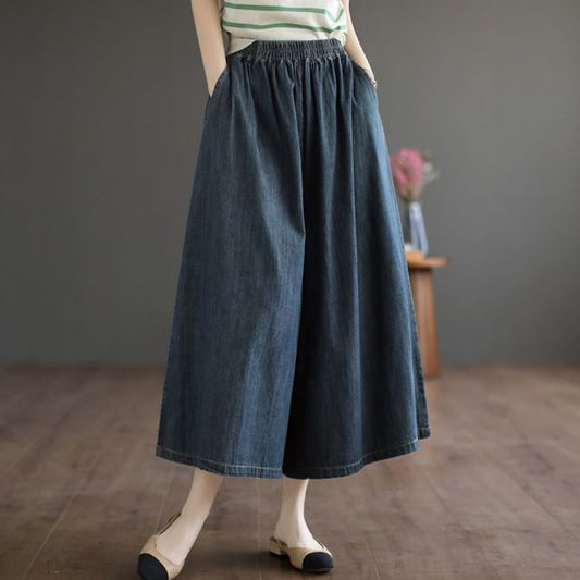Elastic Waist Denim Cropped Culottes