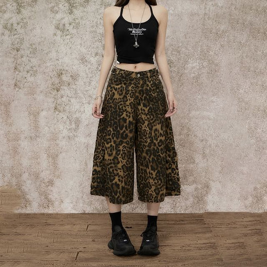 Mid Waist Leopard Print Wide Leg Jorts