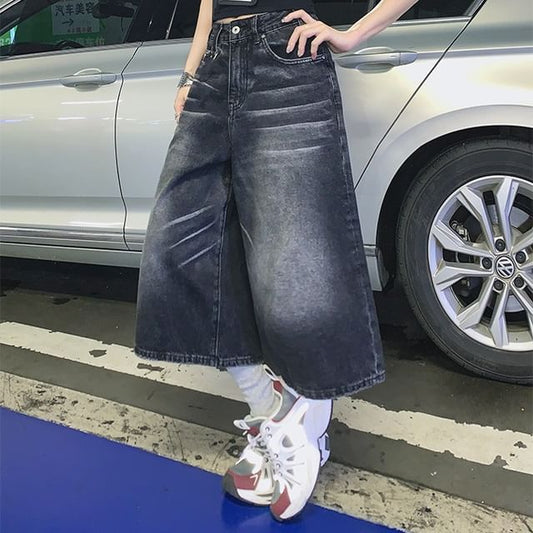 Mid Waist Washed Wide Leg Jorts